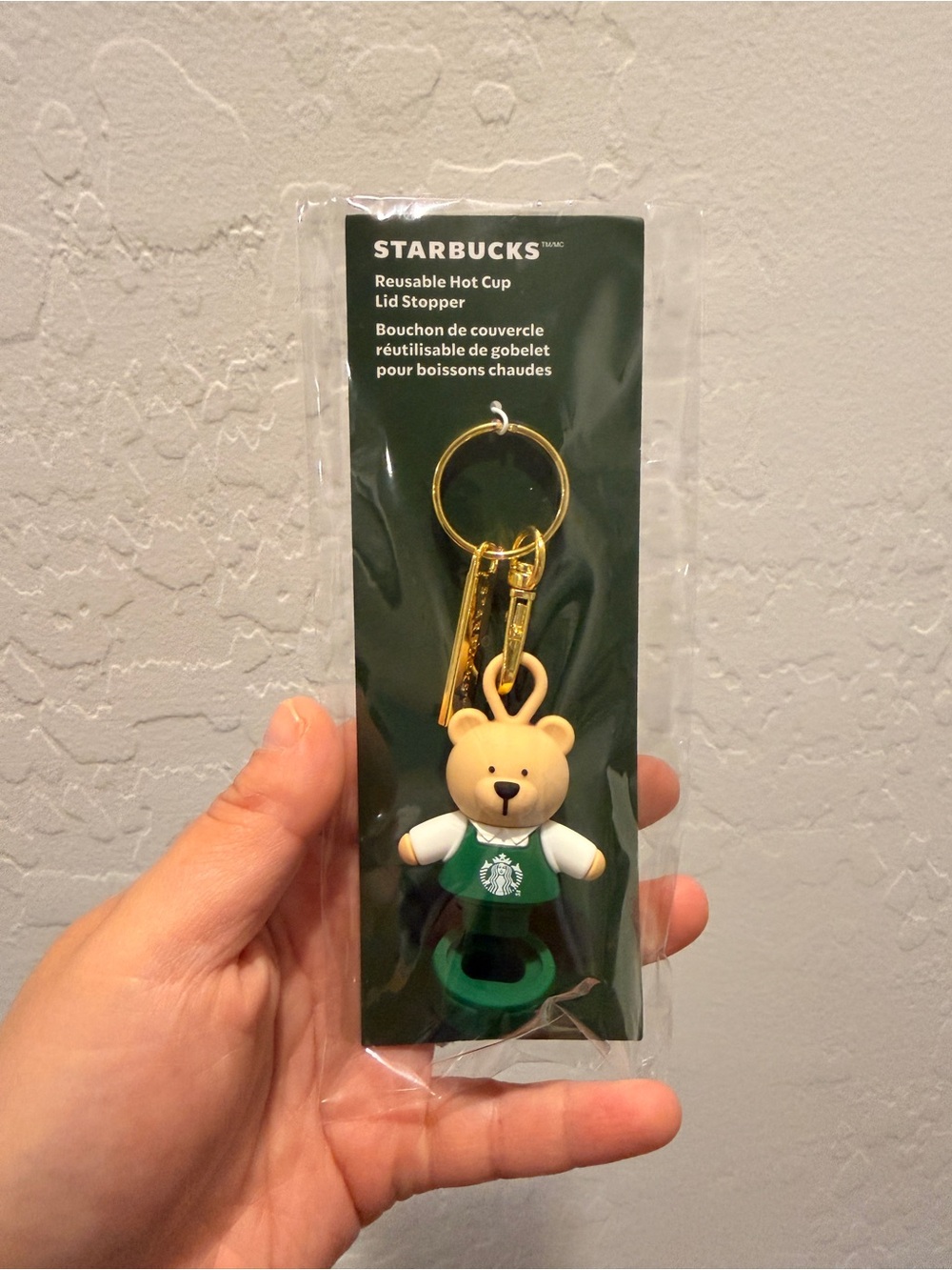 🌻 Starbucks Bear Hot Cup Lid Stopper Keychain - Green & Tan